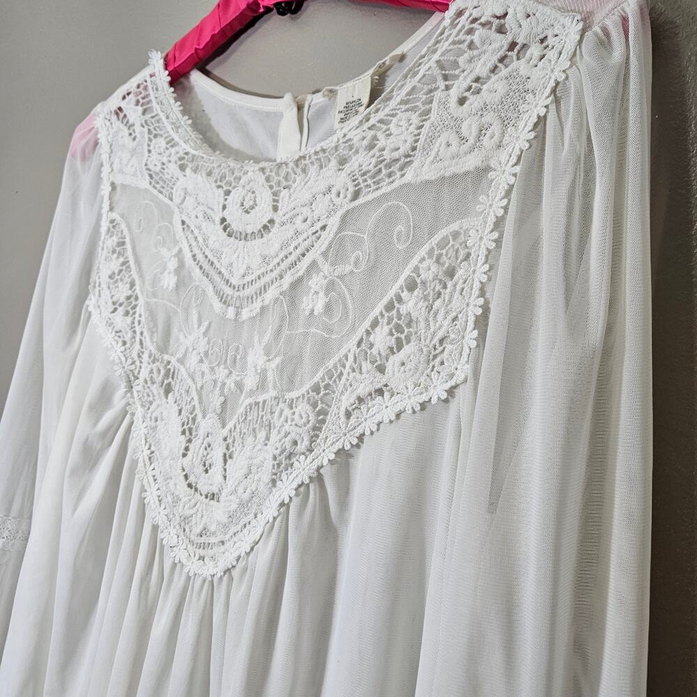 Indigo Thread Co White Crochet Lace Sheer Mesh Peasant Top L Fairy Boho Cottage